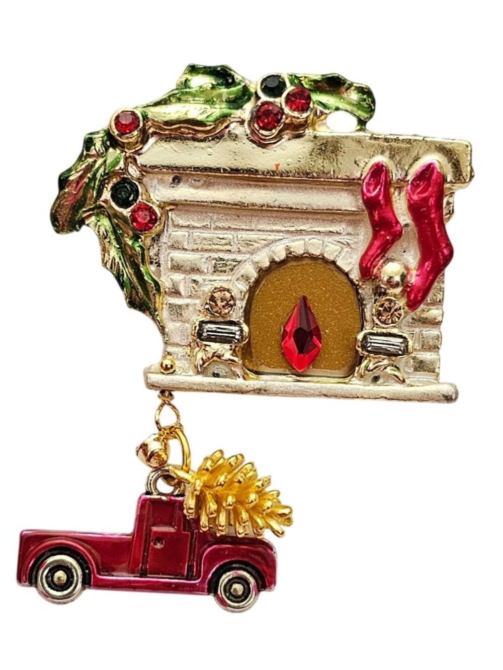 Vintage Fireplace Christmas Brooch Rhinestone Truck Pinecone Dangle Charms J952